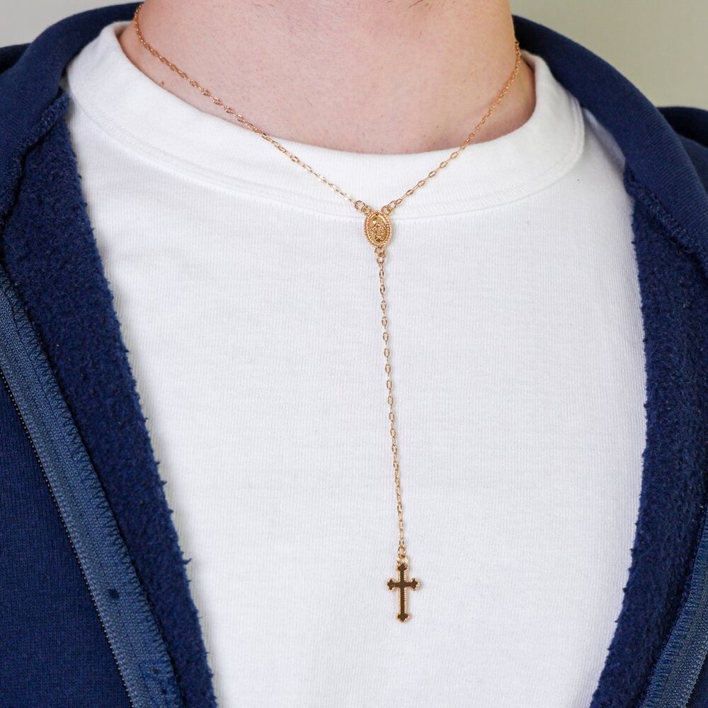 gold cross drop necklace rosary